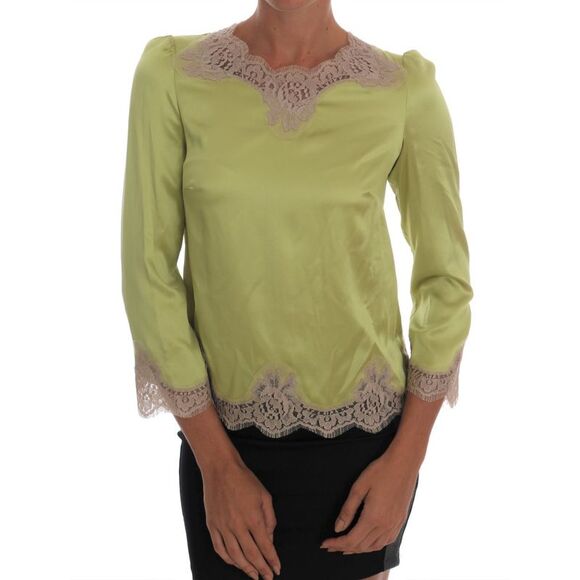 Dolce & Gabbana Lime Green Silk Blouse Lace Trim Women Green Tops & T-Shirts - Picture 1 of 6
